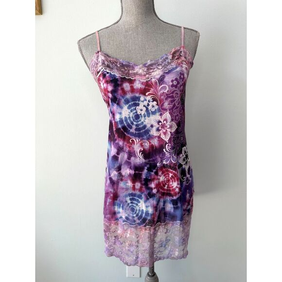 Y2k Vintage Ransom Pink Purple Blue Tie Dye Floral Slip Dress size Junior XL - Picture 1 of 6